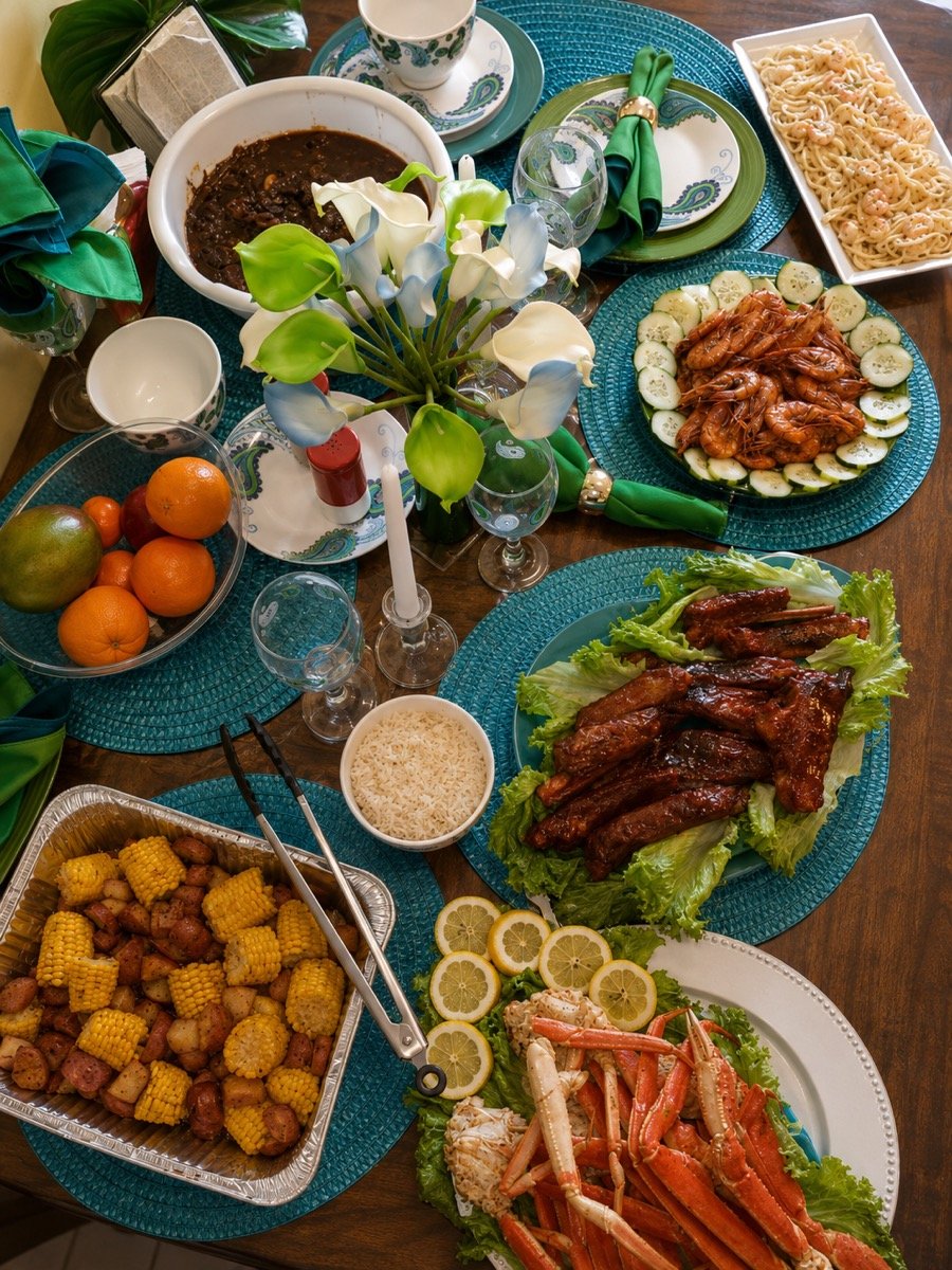 Festive family feast with seafood and more